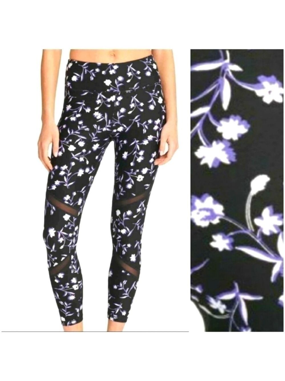 DKNY Sport Floral Print Mesh Inset Trim Athletic Training Yoga Pants Leggings XS